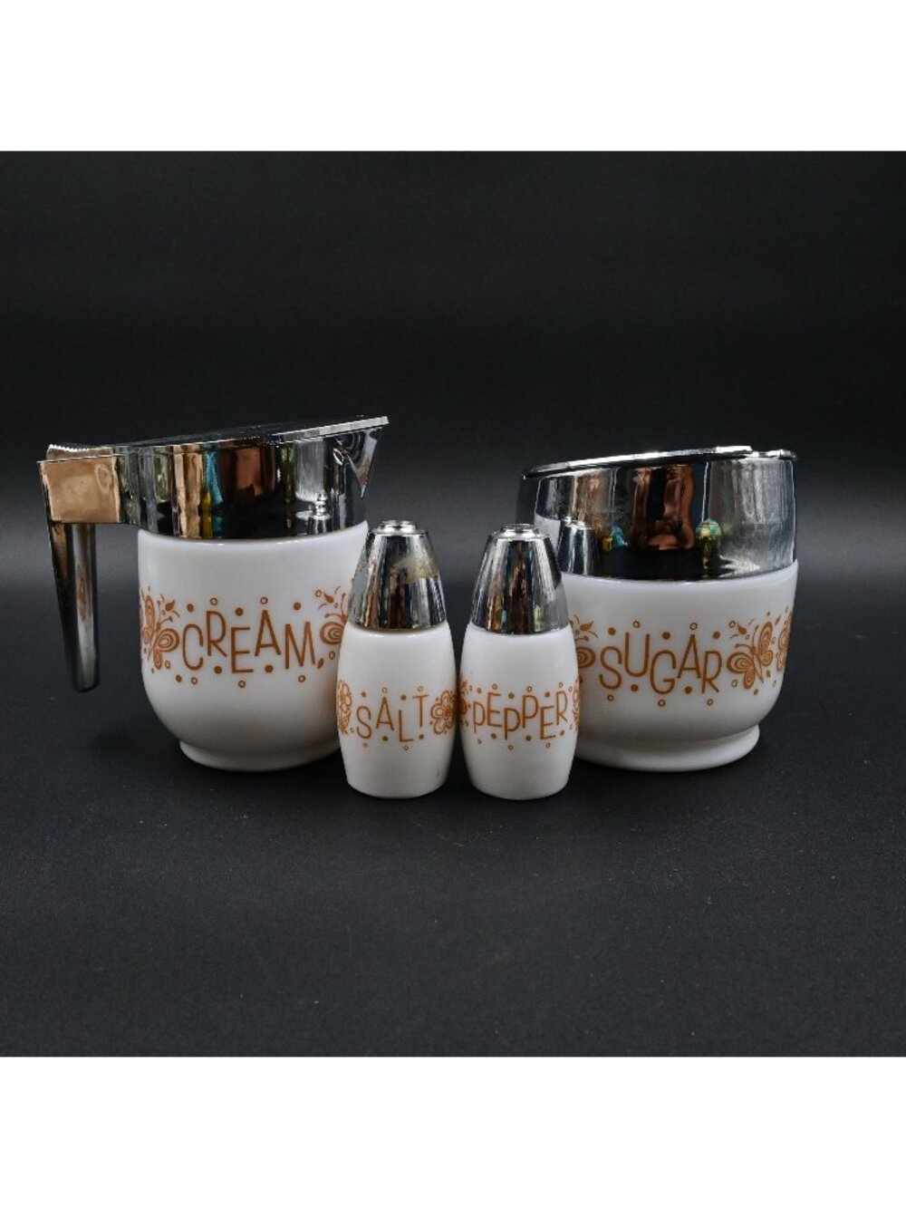 Gemco Pyrex Butterfly Gold Creamer, Sugar, Salt, Pepper Set Of 4